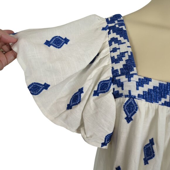 Lulus Mykonos Moment white blue Embroidered linen shift mini dress‎ size M - Picture 5 of 16